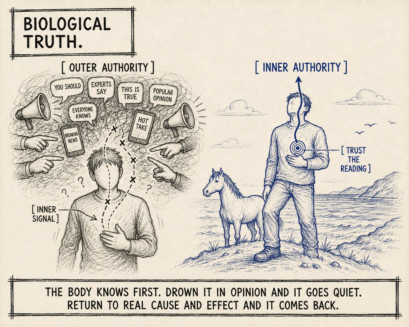 Hand-drawn diagram: a faceless figure with a steady solid-navy signal rising from the body to the head labeled inner authority, versus the same signal drowned out by a loud tangle of outside voices and screens. Biological Truth explained by Dean Grey.