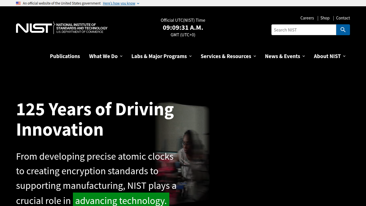 Screenshot of the National Institute of Standards and Technology (NIST) homepage, a key resource for cybersecurity frameworks.