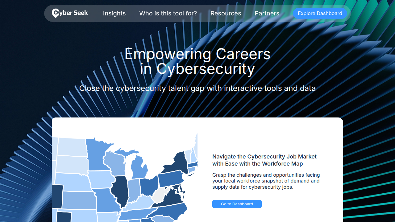 Screenshot of the CyberSeek homepage, a valuable tool for exploring cybersecurity career pathways.