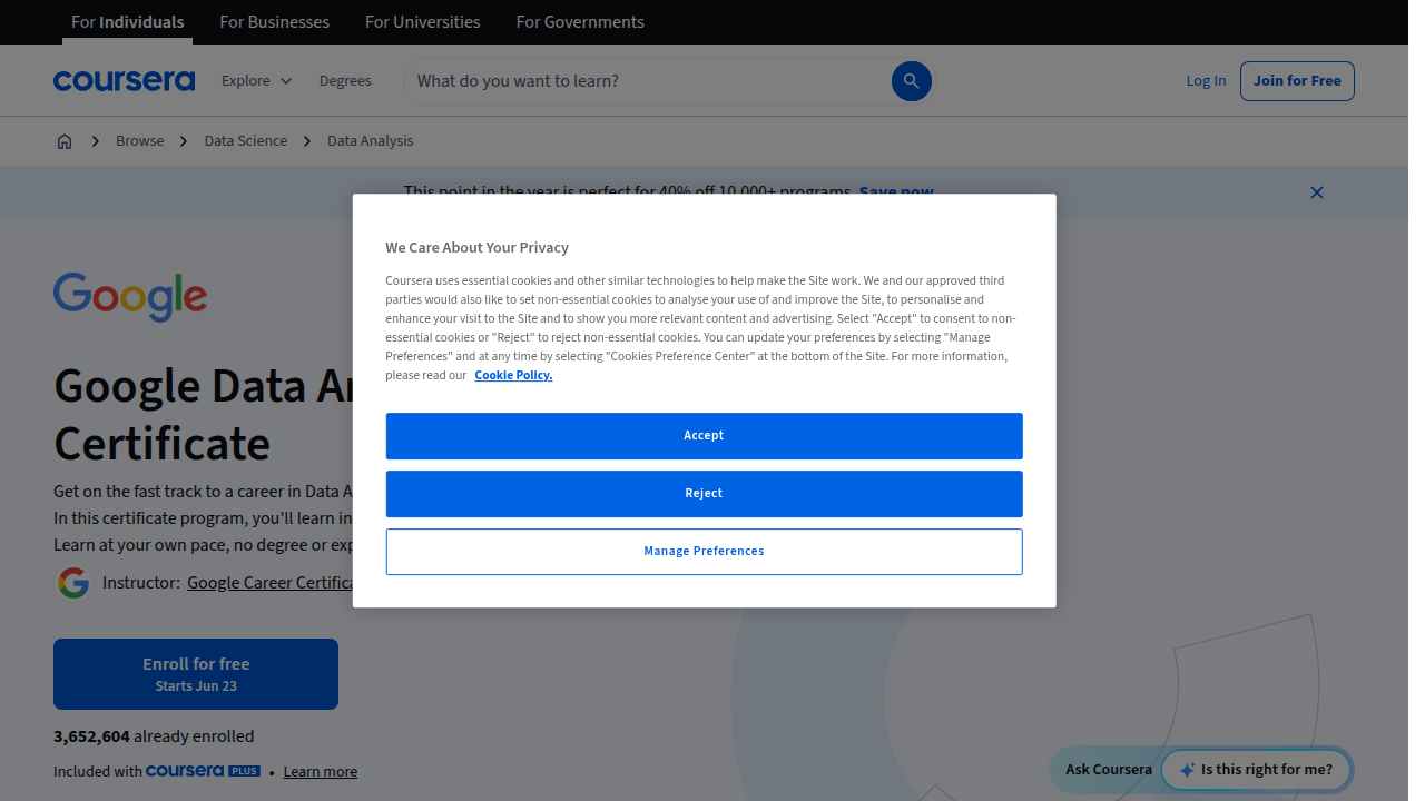 Screenshot of the official Coursera page for the Google Data Analytics Professional Certificate.