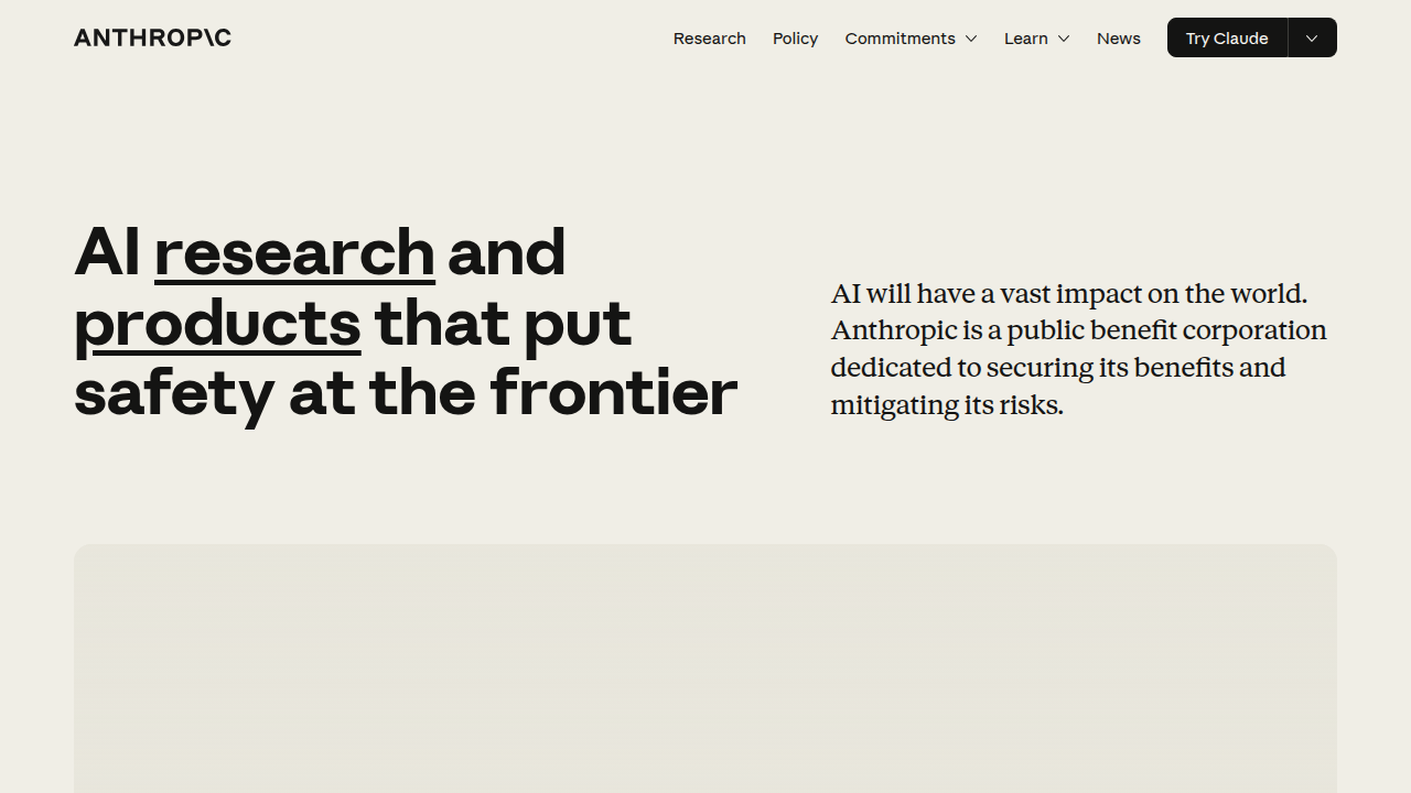 Screenshot of the Anthropic homepage, developers of the Claude generative AI model.