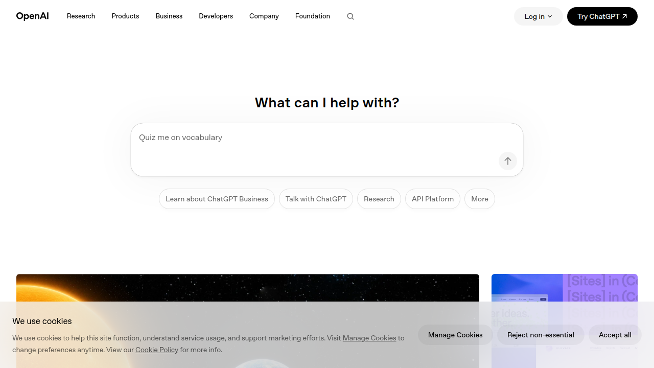 Screenshot of the OpenAI homepage, showcasing advancements in large language models like GPT-4o.