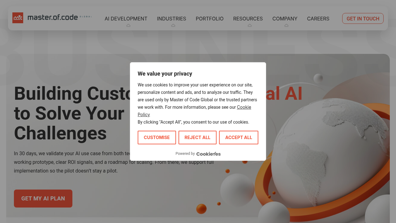 Screenshot of the Master of Code Global homepage, a resource for technology trends and insights.