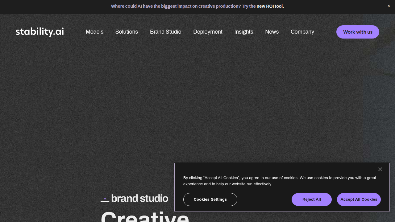 Screenshot of the Stability AI homepage, a key developer of diffusion models like Stable Diffusion.