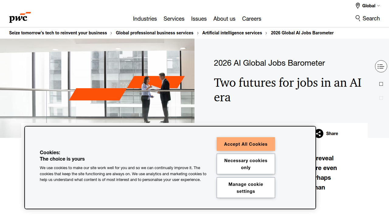 A screenshot of the PwC AI Jobs Barometer report, highlighting insights into the evolving AI job market and the increasing importance of human skills.