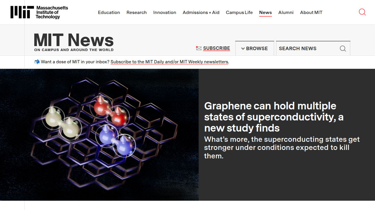 Screenshot of the MIT News homepage, featuring recent research on technology and society.