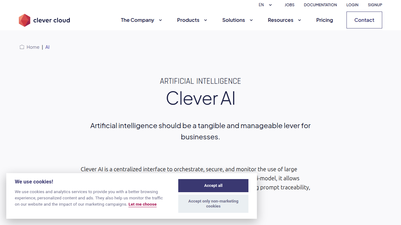 Screenshot of the Clever AI platform's homepage, highlighting its capabilities.