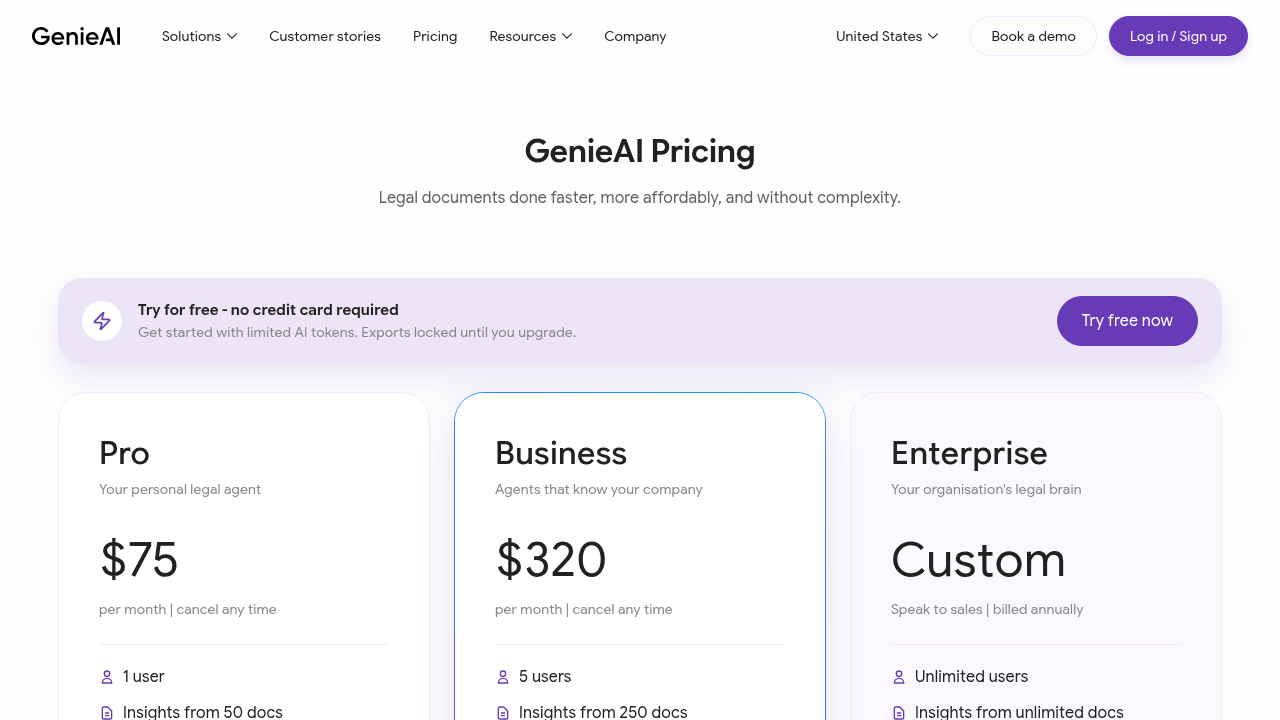 Screenshot of Genie AI's official pricing page, showcasing their subscription tiers.