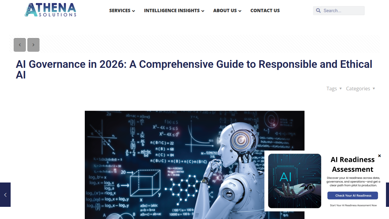 Screenshot of Athena Solutions' guide on AI governance for 2026, focusing on responsible and ethical AI.