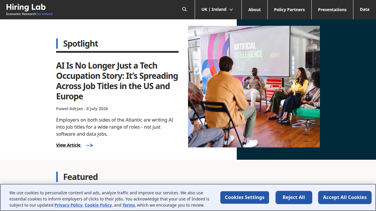 Screenshot of Hiring Lab homepage, a source for labor market insights.