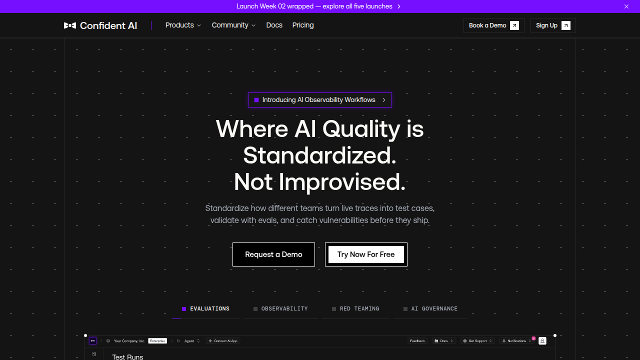 The Confident AI website, providing resources and insights into AI evaluation and trustworthiness metrics for LLMs.