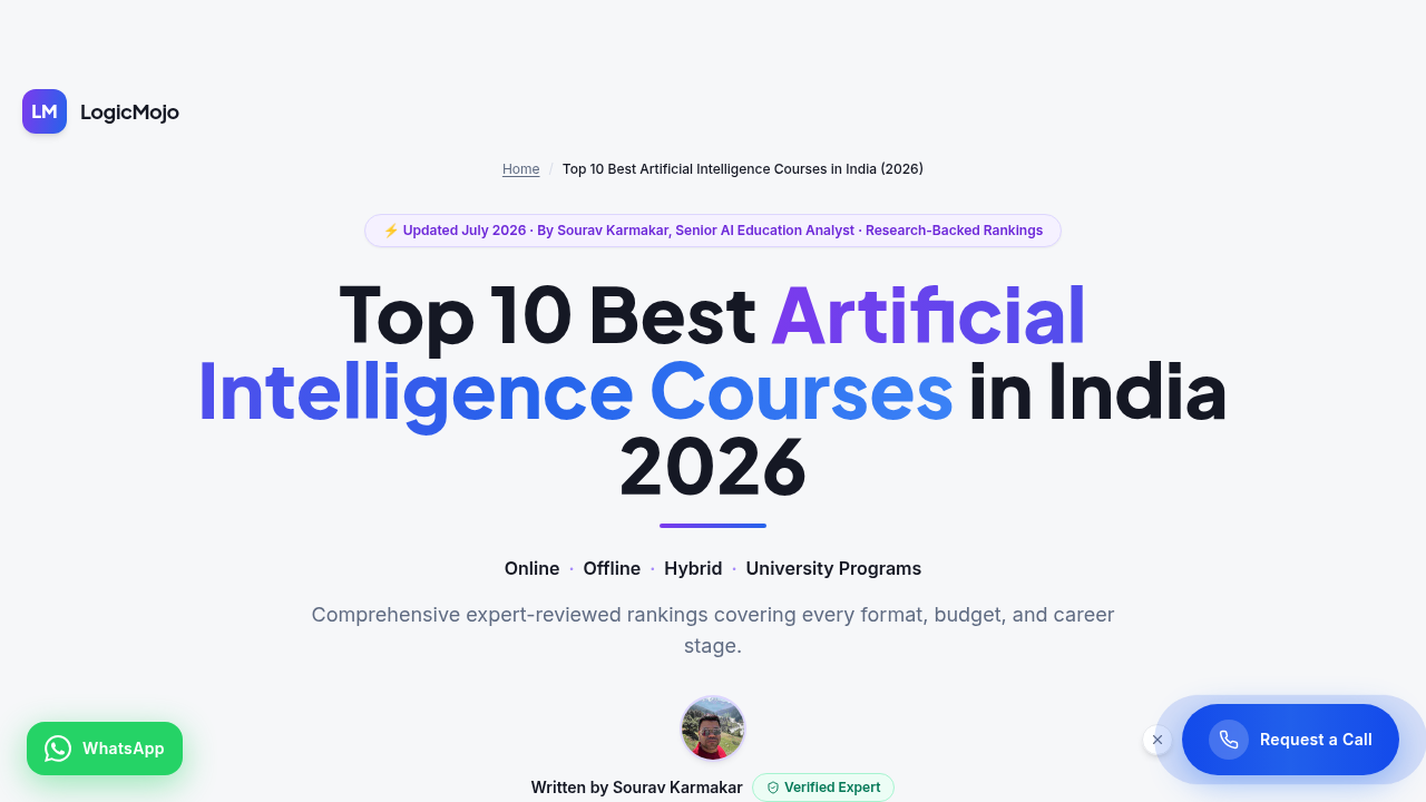 Logicmojo features a list of top AI courses in India, offering comprehensive skill development.