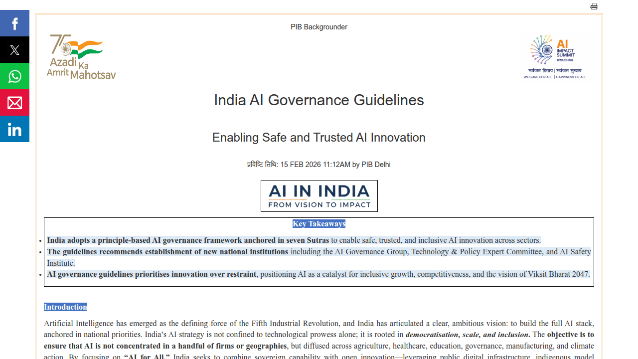 Official press release from pib.gov.in detailing India's AI Governance Guidelines for safe and fair AI use.