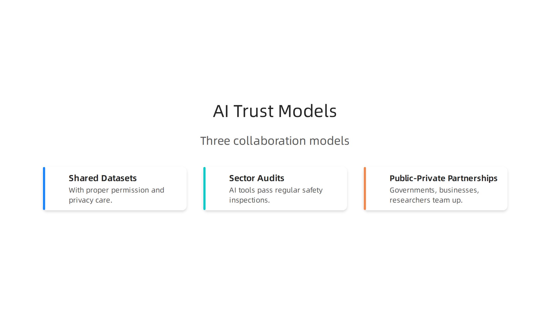 Three key collaboration models for scaling trust in AI through shared datasets, audits, and public-private partnerships.