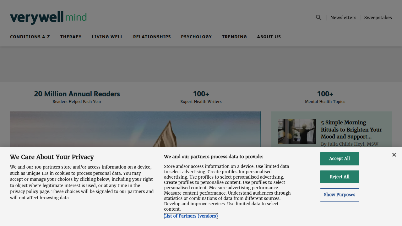 The Verywell Mind homepage, a resource for psychological concepts like trust vs. mistrust, relevant to AI's human impact.
