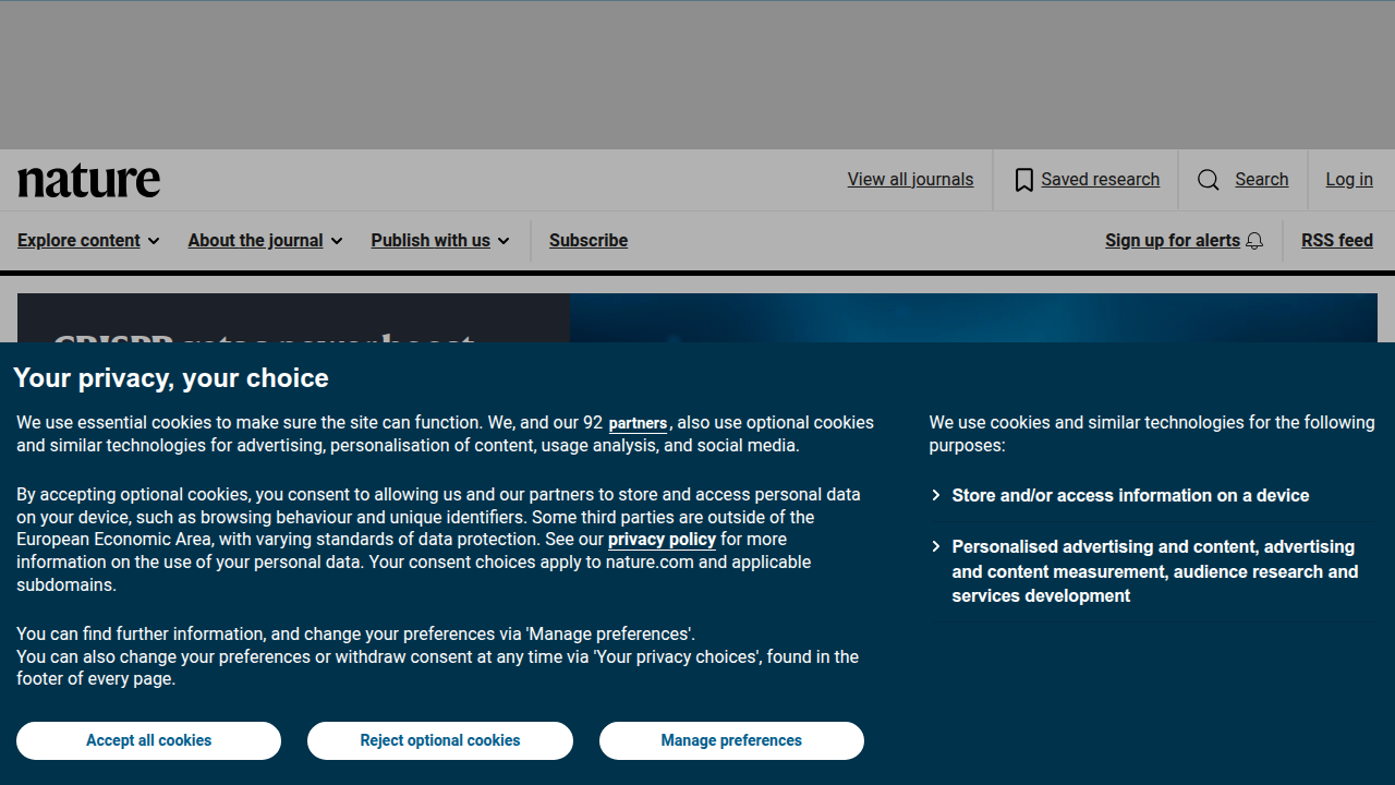 A screenshot of Nature.com's homepage, a leading scientific journal publishing research on various topics, including learning science.