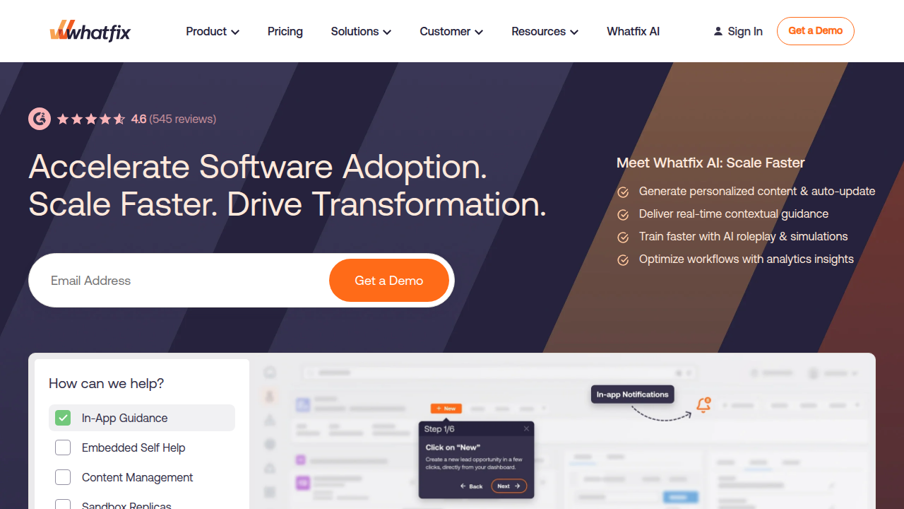 A screenshot of Whatfix's homepage, a platform offering adaptive learning solutions.