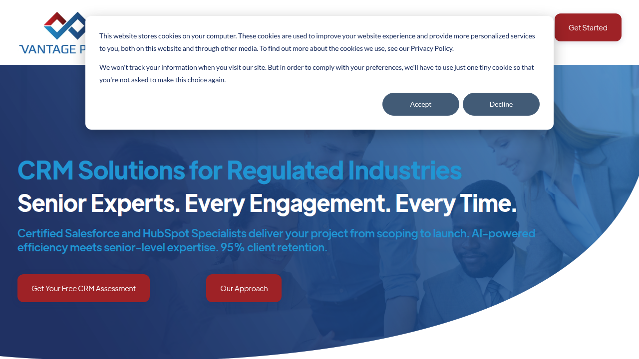 A screenshot of Vantagepoint.io's homepage, a company specializing in business insights and compliance.