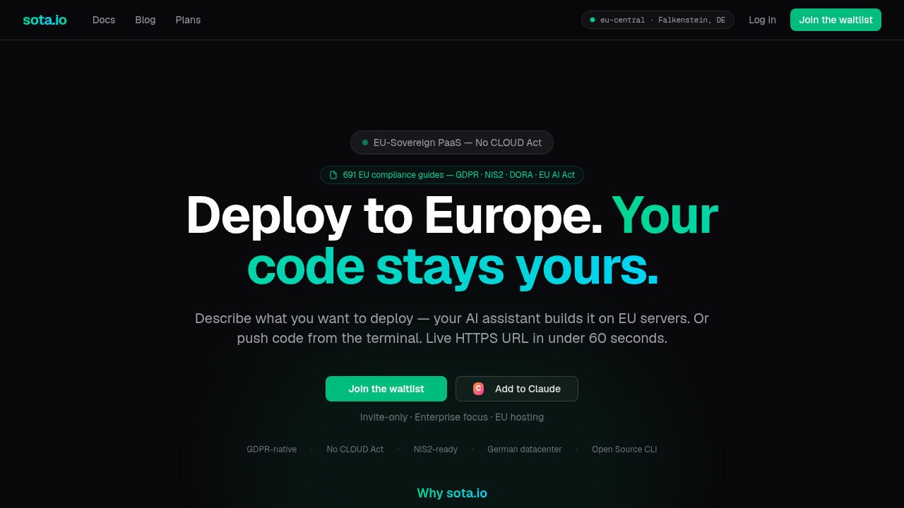 The SOTA.io website, which provides information on AI regulations and compliance, such as data provenance logging under the EU AI Act.