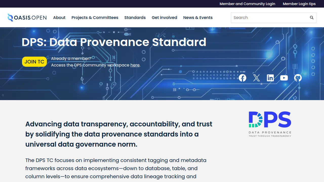 A screenshot of the OASIS Open website, showcasing their Data Provenance Standard Technical Committee, crucial for tracking data origins.
