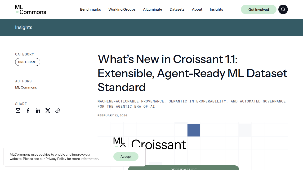 Screenshot of the MLCommons page introducing the Croissant 1.1 standard for ML dataset metadata.