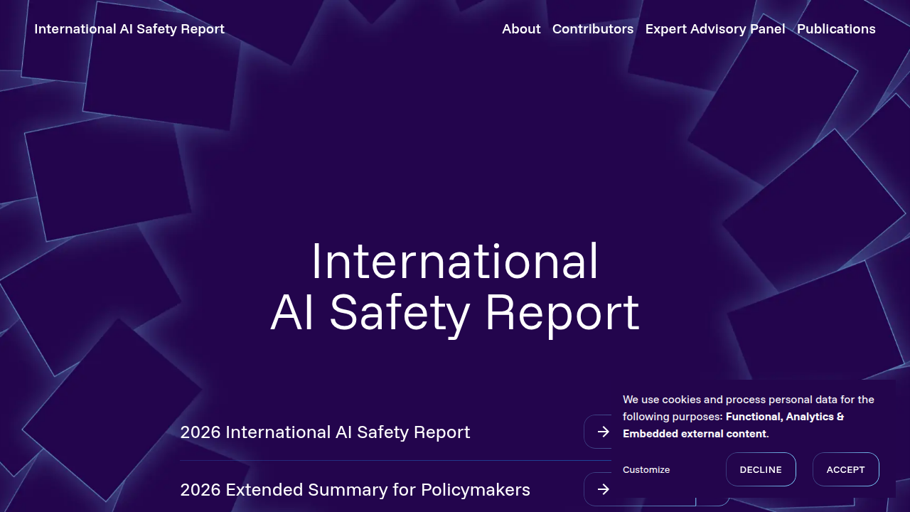 Screenshot of the homepage for the International AI Safety Report, which outlines critical AI risks.