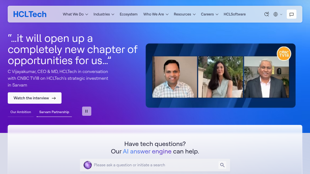 The HCLTech newsfeed page, highlighting corporate partnerships for job-aligned AI skilling programs.
