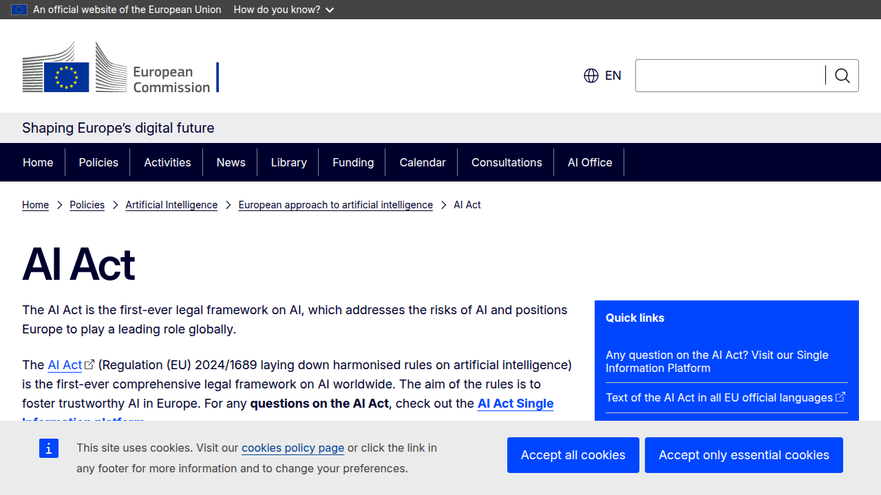 A screenshot of the European Union's official page outlining the AI Act and its regulatory framework.
