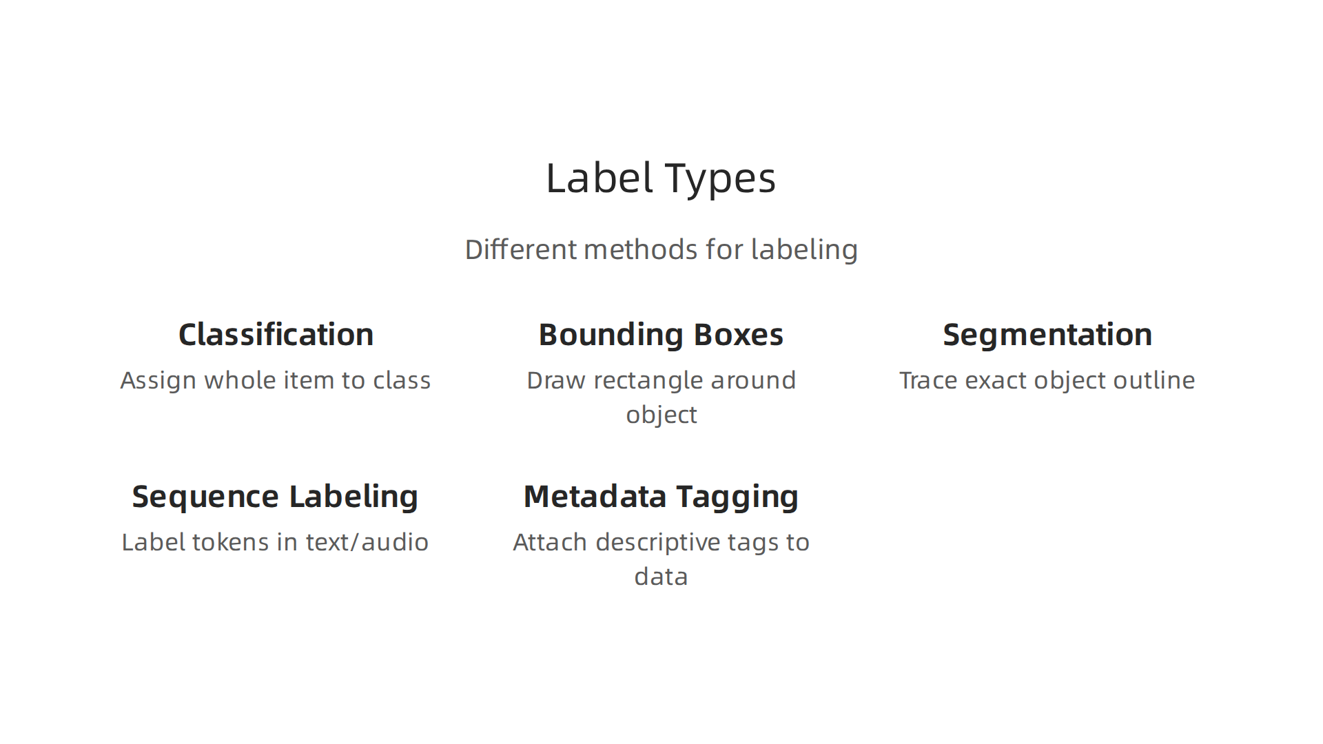 Different methods for labeling data, each suited for specific AI learning objectives and data types.