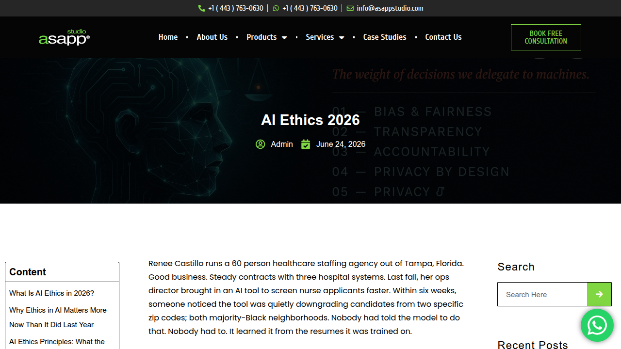 The AI Ethics page from ASAPP Studio, highlighting their commitment to responsible AI development and deployment.