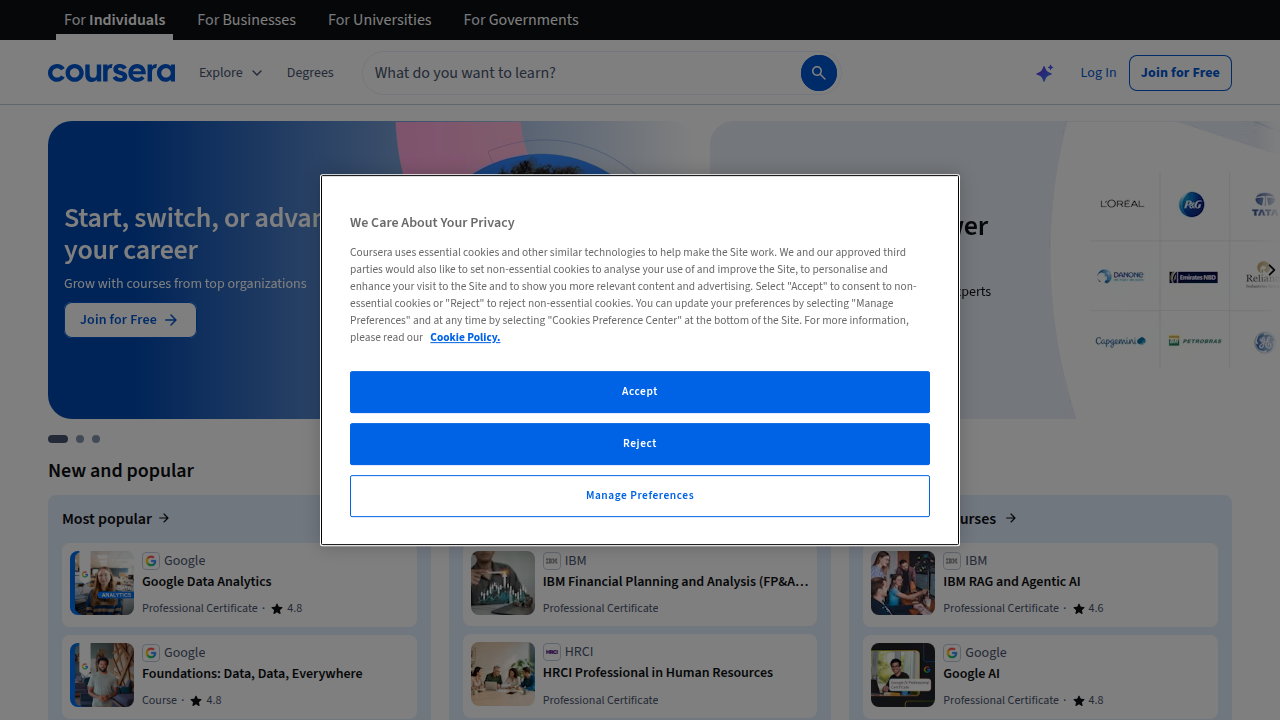 A screenshot of Coursera's homepage, a platform offering data analytics courses.