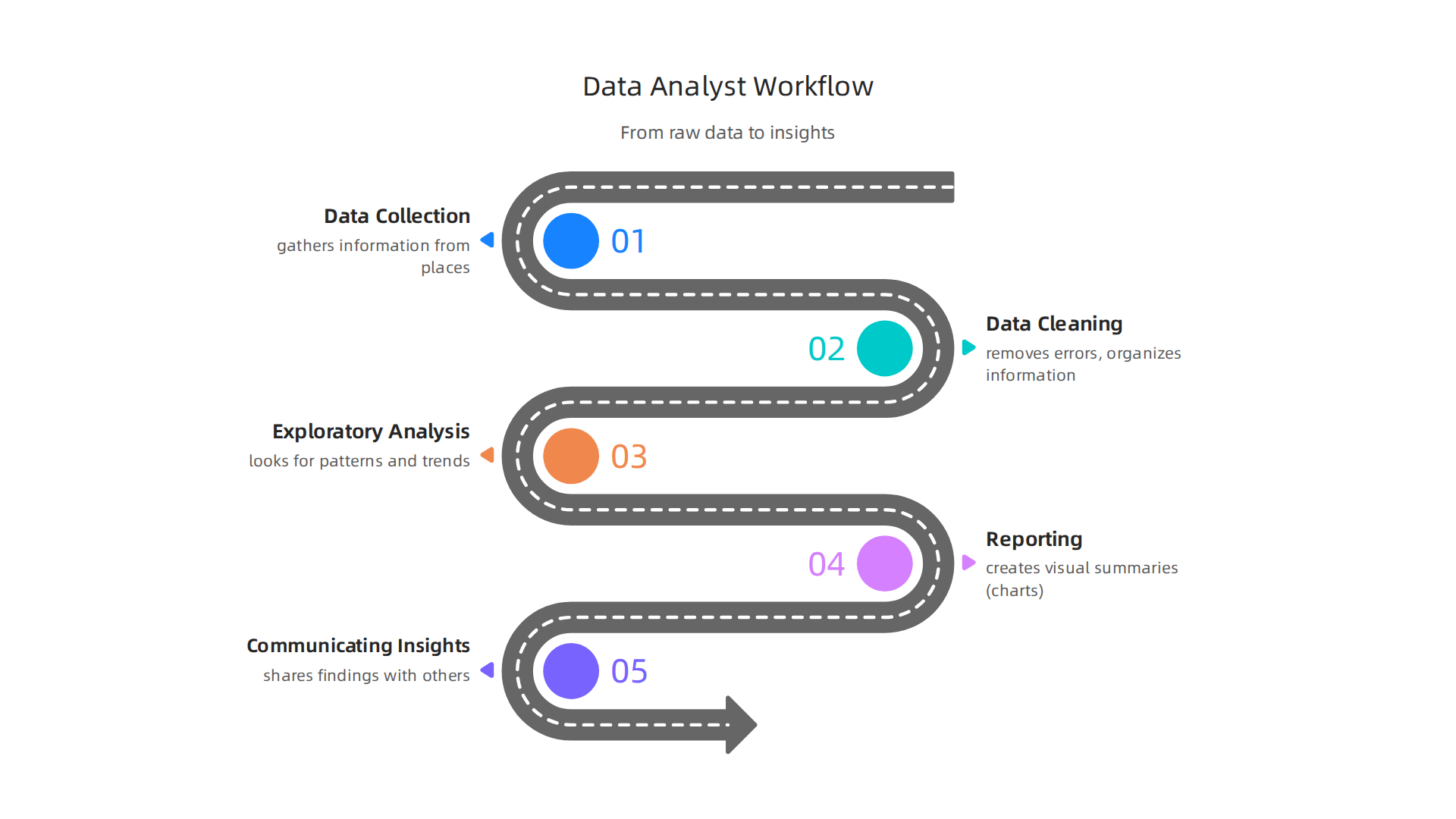 An infographic detailing the key steps a data analyst follows daily to transform raw data into actionable insights.