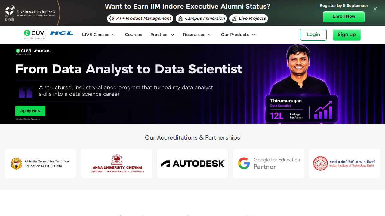 A screenshot of GUVI's homepage, highlighting resources for data analyst roles and responsibilities.
