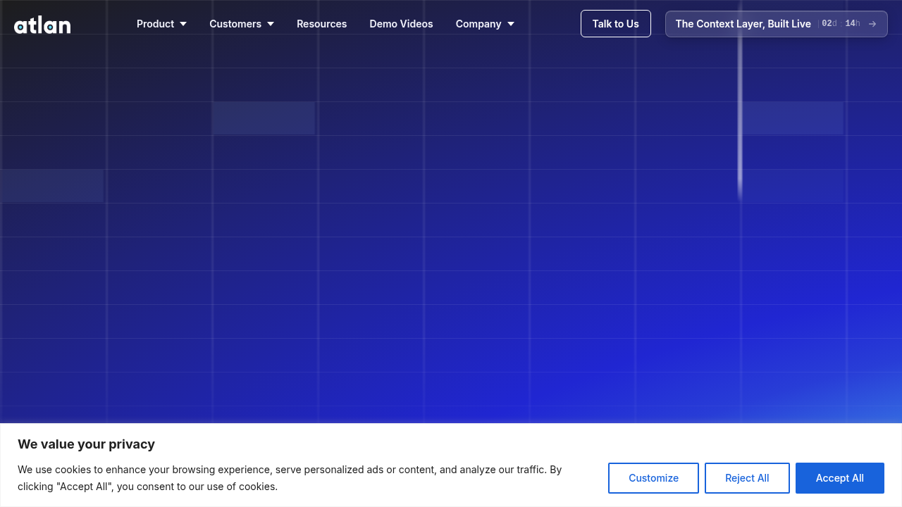 A screenshot of Atlan's homepage, a company focused on data governance and quality.