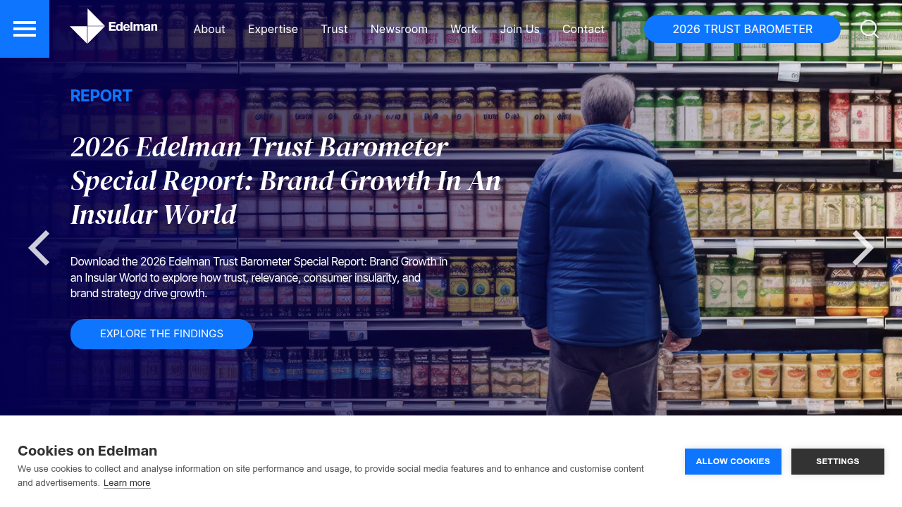 The homepage of Edelman, a firm known for its annual Trust Barometer report.