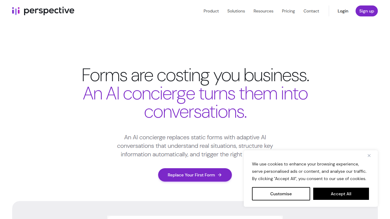 A screenshot of GetPerspective.ai's homepage, a resource for AI tools and product management insights.
