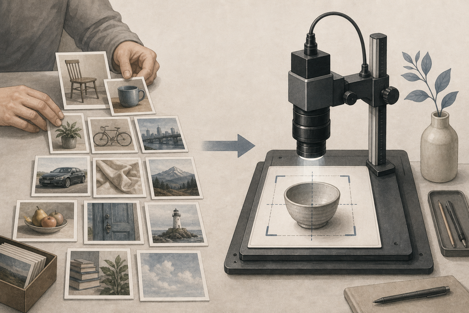 An illustration contrasts a collection of training examples with a new image assessed by a machine-vision system.
