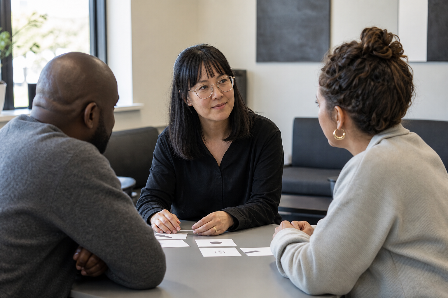 A researcher and participants discuss anonymized activity cards around a table.