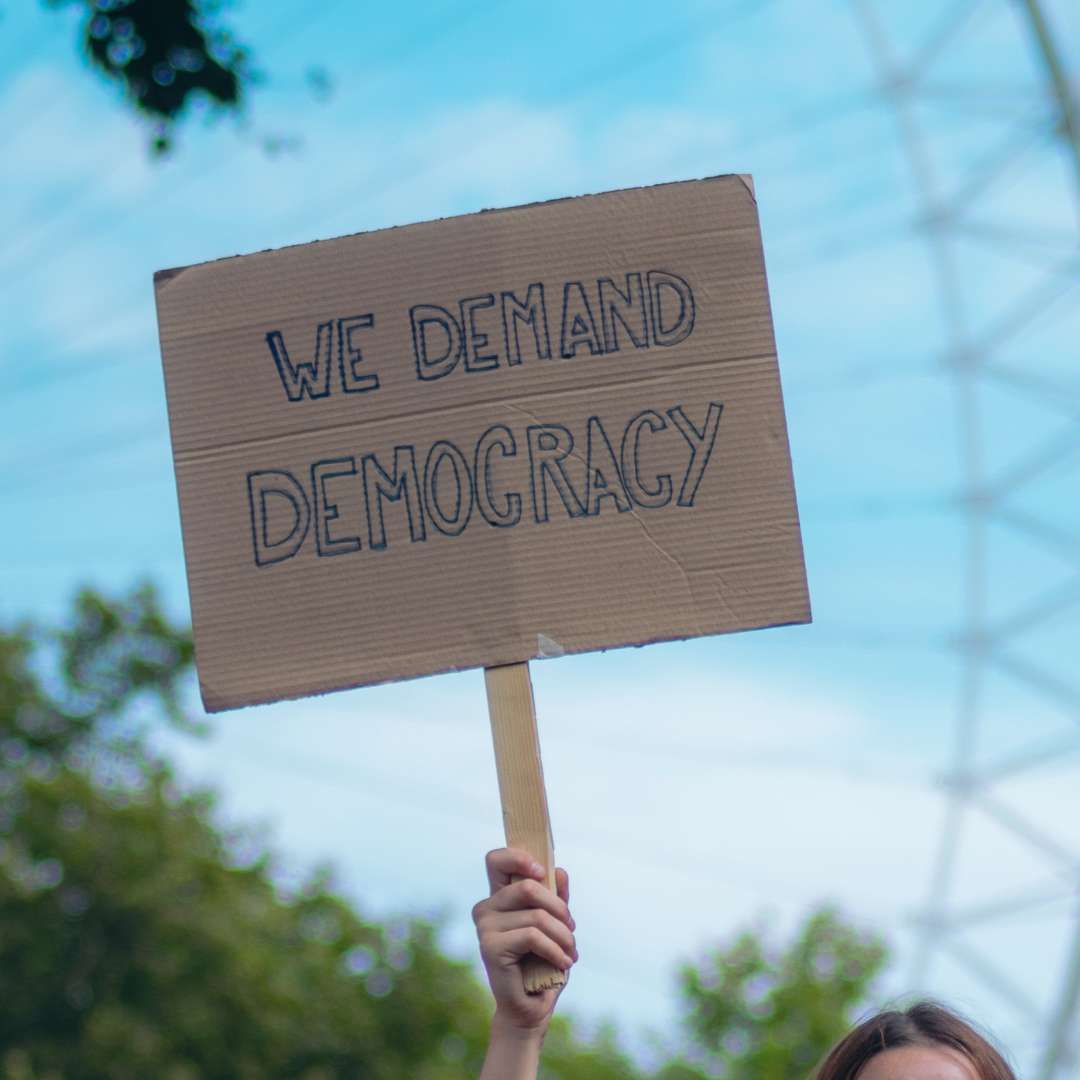 Protest sign that says, "We demand democracy."