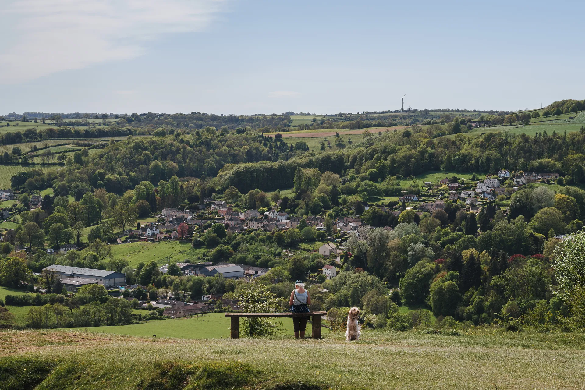 Person sitting on a bench with a dog on a grassy hill overlooking a village and green hills.