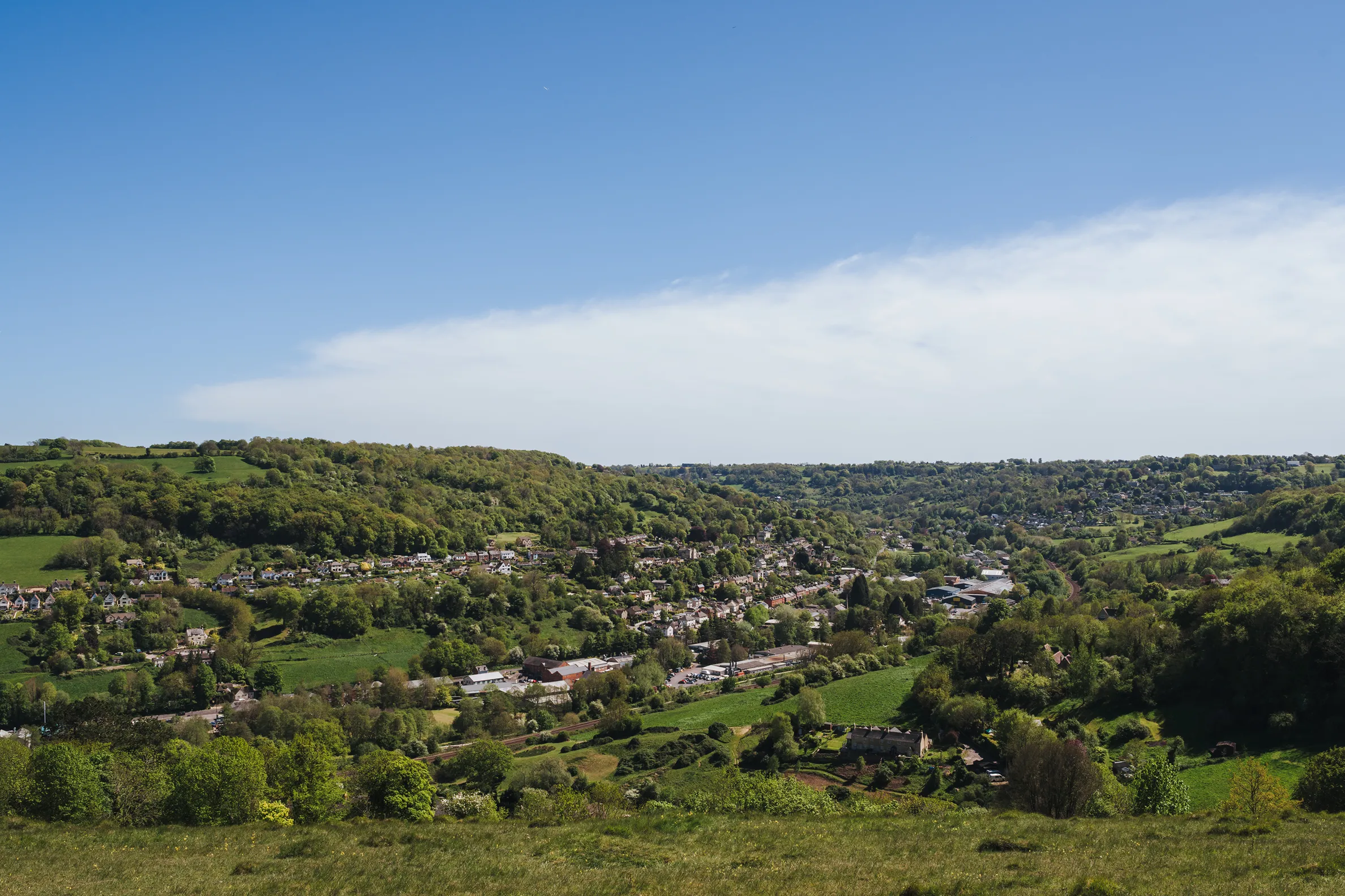 Green valley with houses scattered among trees under a clear blue sky.