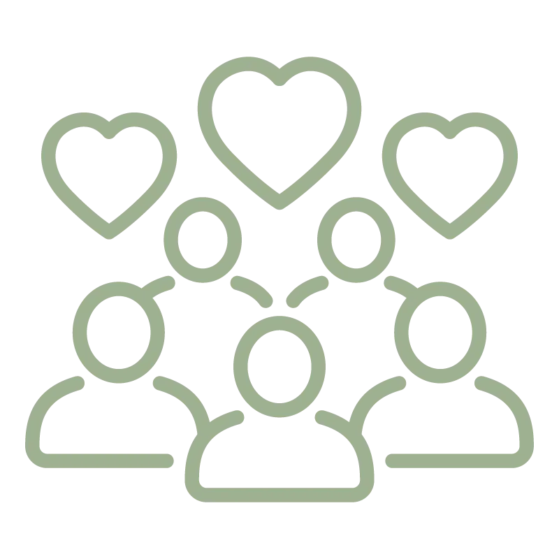 Outline icon of five people with three hearts above them representing community love or support.