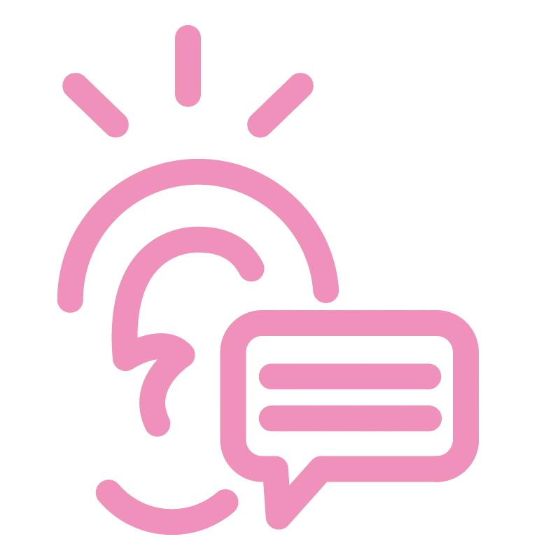 Pink ear icon with three sound lines above and a speech bubble with text lines next to it.
