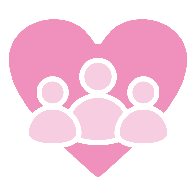 Three user icons inside a large pink heart symbolizing community and care.