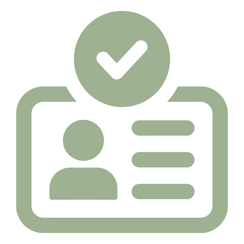 ID card icon with a user silhouette and a checkmark above it.