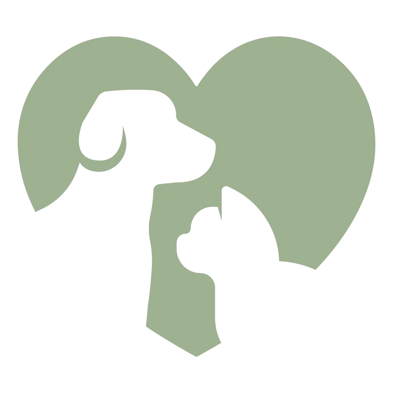 Silhouettes of a dog and cat facing each other inside a heart shape.