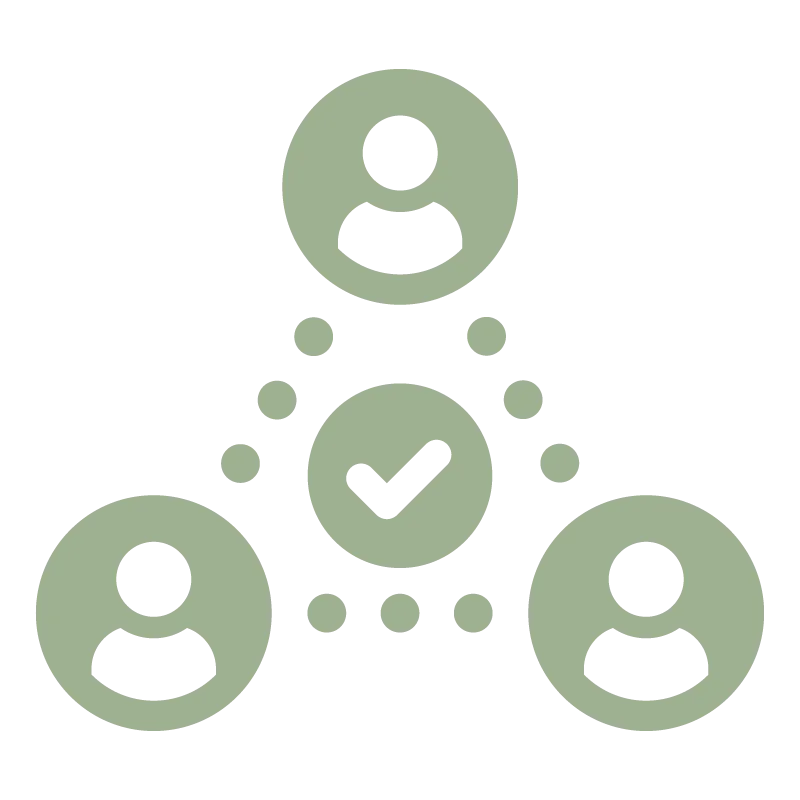 Three user icons connected by dotted lines to a central check mark symbolizing verified collaboration.