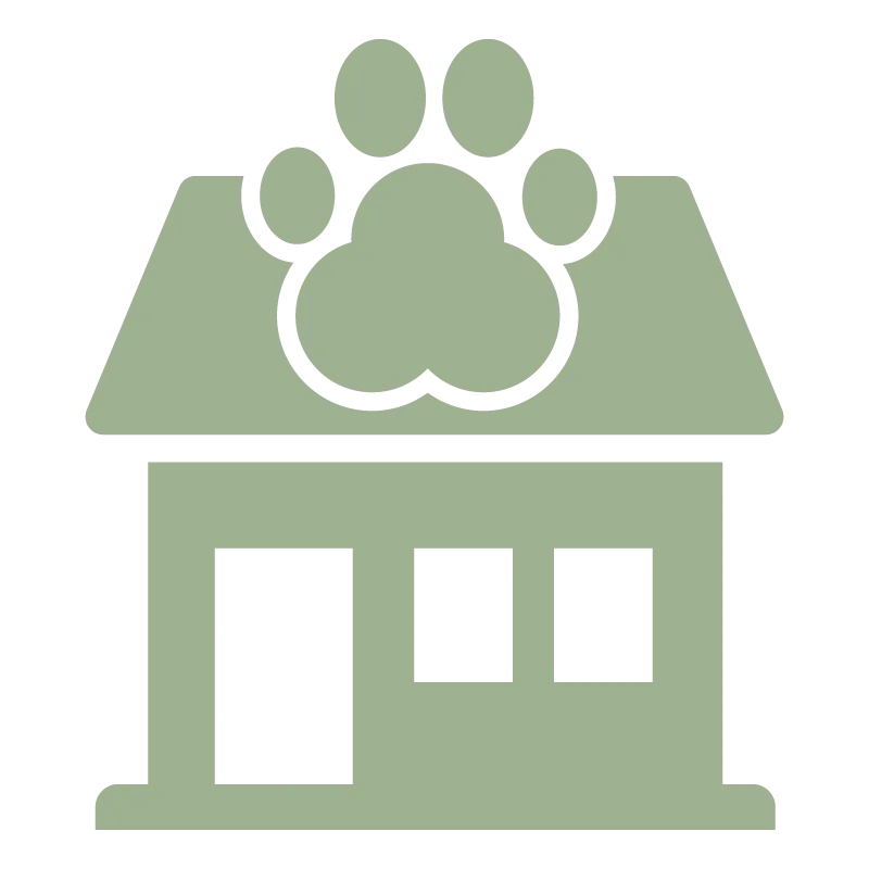 Green icon of a house with a large paw print on the roof representing a pet care facility.