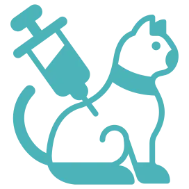 Blue icon of a cat receiving a vaccine injection in the back.