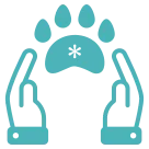 Two hands surrounding a paw print symbolizing animal care or protection.